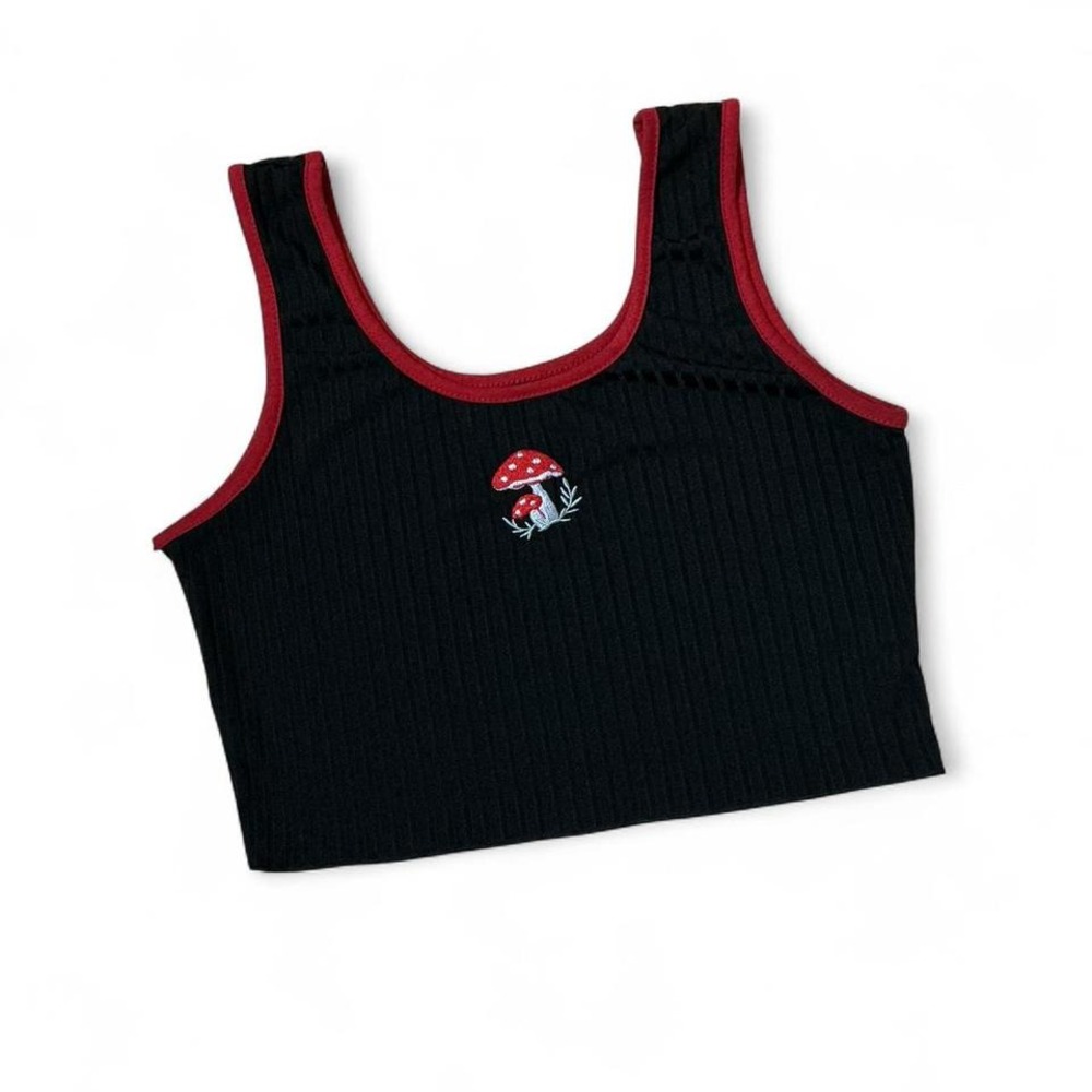 Y2K‎ Black Ribbed Crop Tank Top Red Trim Embroidered Mushroom Women's Size M